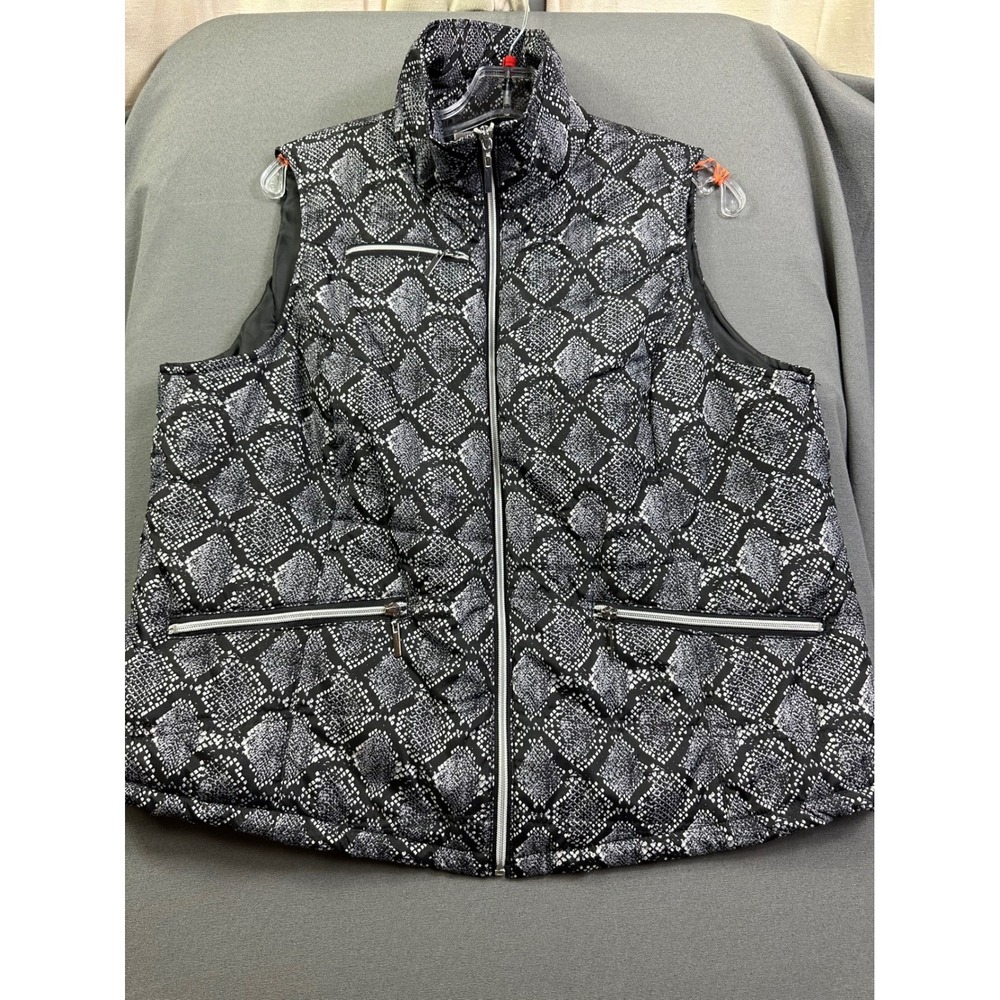 Studio Works Sport Woman Snakeskin Puffer Vest Black White Quilted Zip size 1X